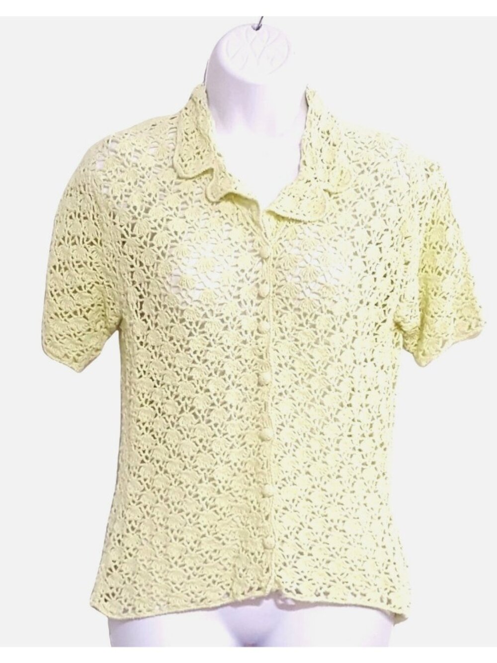 Victoria Holley Womens Crochet Top Pale Yellow Button Front Short Sleeve Boho